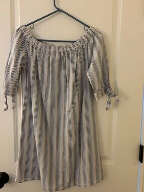Tacera White Dress with Blue and Navy Stripes size small. 100% cotton.